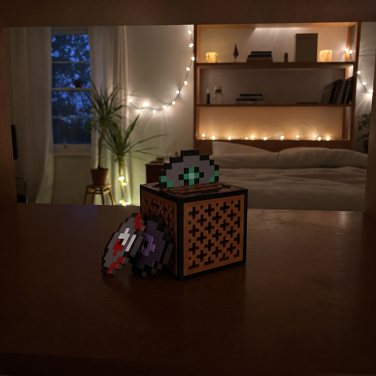 MelodyMite Mini Jukebox on a bedroom shelf with fairy lights