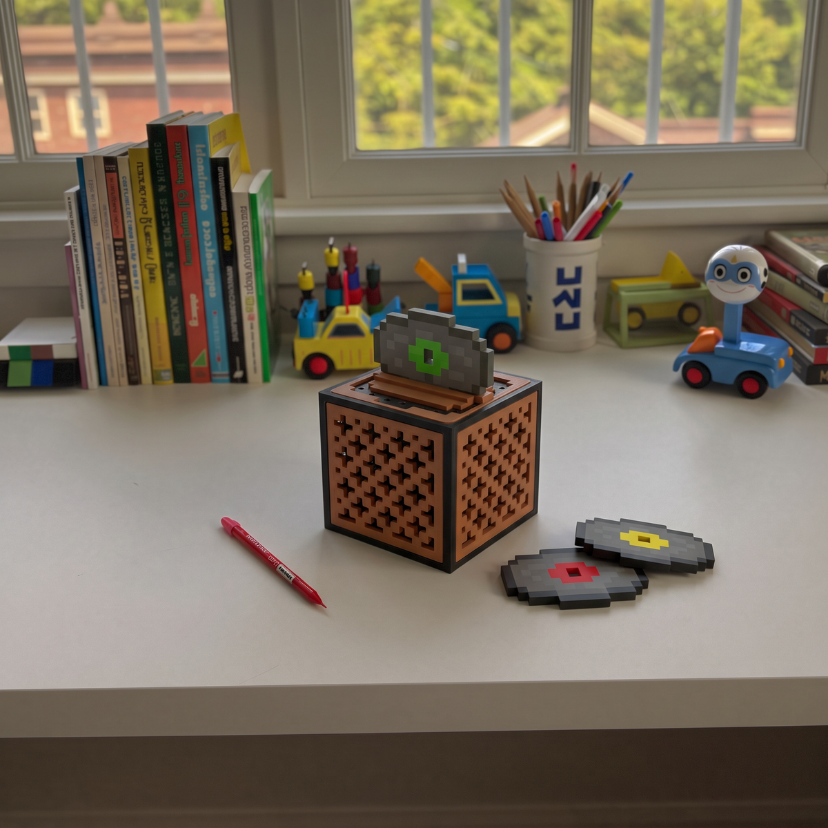 MelodyMite Mini Jukebox on a kid's desk with music discs